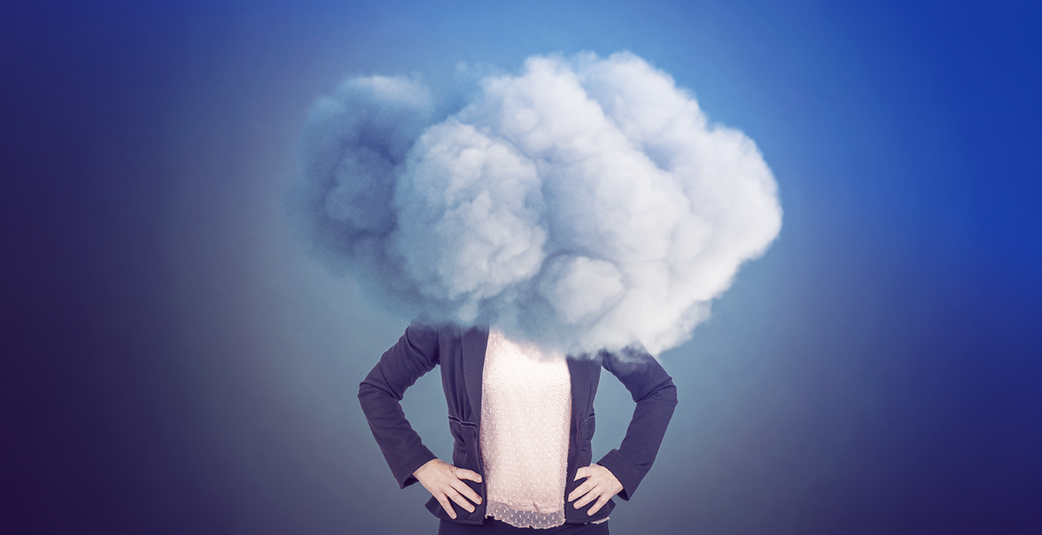 Finance broker stands with their hands on their hips and a grey cloud over their head.