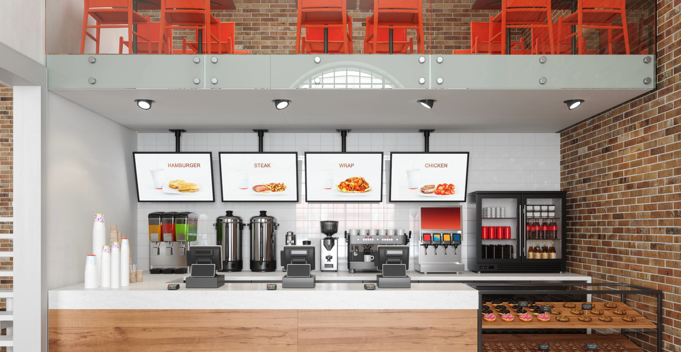 Modern franchise quick service restaurant counter with digital menu screens, coffee machines, beverage dispensers, and sleek interior design for a contemporary refit.