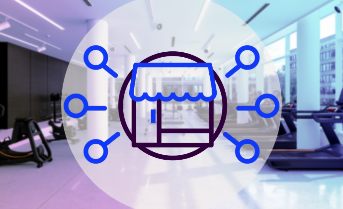 Franchise refit concept illustration showing a store icon connected to multiple points over a blurred modern gym background, representing franchise upgrade and funding solutions.